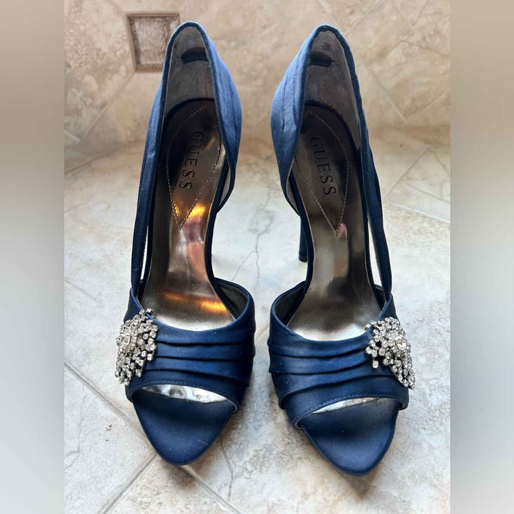 Guess Blue Satin Open Toe Stilettos, Size 6.5